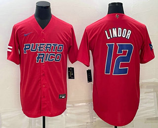 Mens Puerto Rico Baseball #12 Francisco Lindor 2023 Red World Baseball Classic Stitched Jerseys